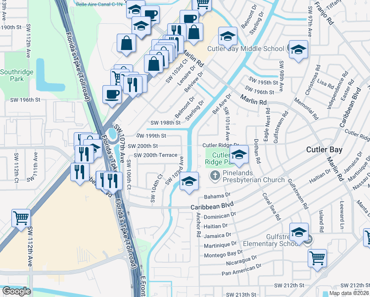 map of restaurants, bars, coffee shops, grocery stores, and more near 10350 Southwest 200th Street in Cutler Bay