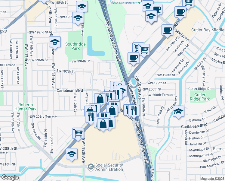 map of restaurants, bars, coffee shops, grocery stores, and more near 10810 Southwest 200th Drive in Miami