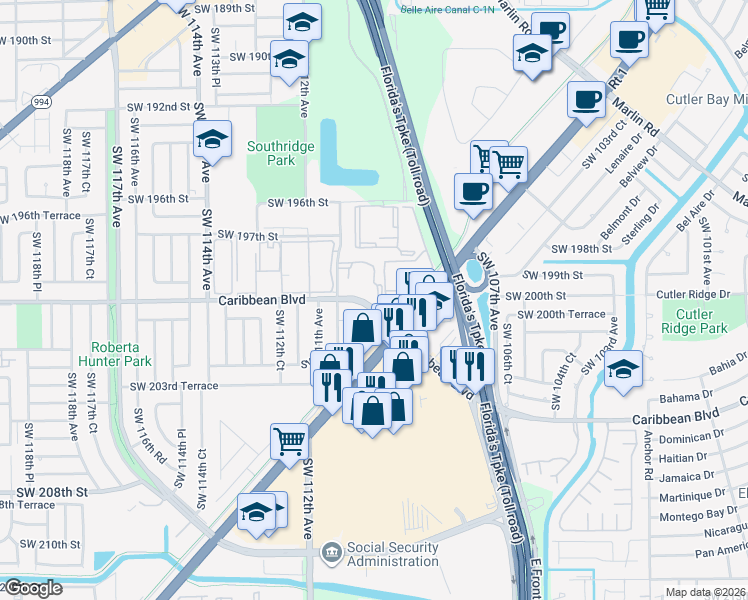 map of restaurants, bars, coffee shops, grocery stores, and more near 11000 Southwest 200th Street in Cutler Bay