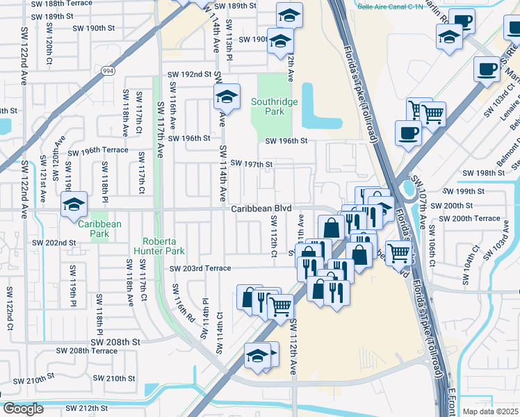 map of restaurants, bars, coffee shops, grocery stores, and more near 11280 Caribbean Boulevard in Miami