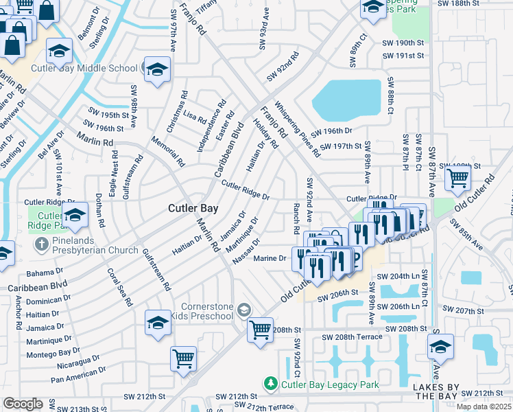 map of restaurants, bars, coffee shops, grocery stores, and more near 9341 Martinique Drive in Cutler Bay