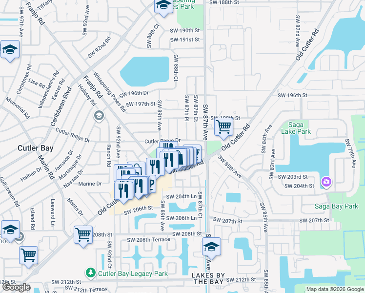 map of restaurants, bars, coffee shops, grocery stores, and more near 8781 Southwest 200th Terrace in Cutler Bay