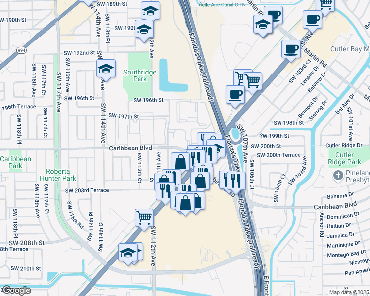 map of restaurants, bars, coffee shops, grocery stores, and more near 11000 Southwest 200th Street in Cutler Bay