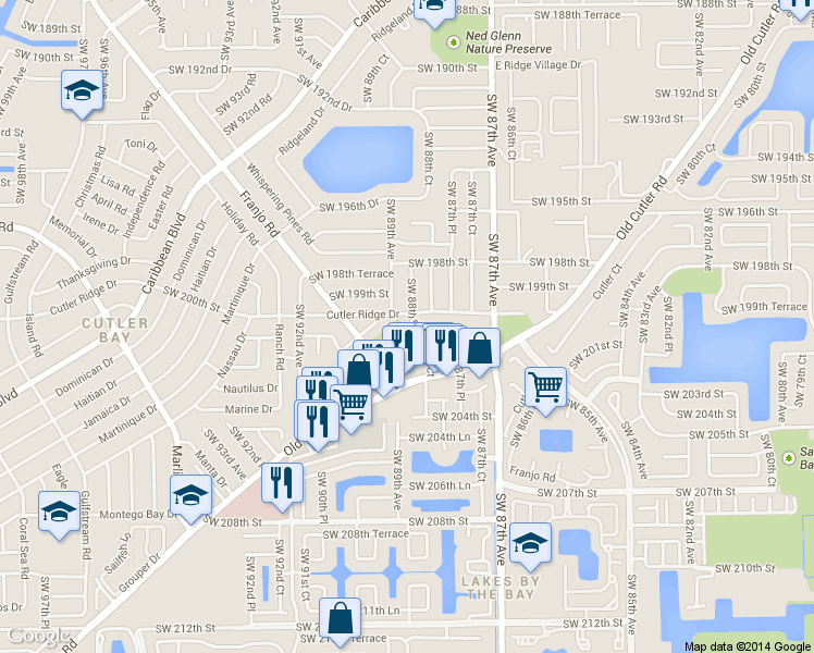 map of restaurants, bars, coffee shops, grocery stores, and more near 8880 Southwest 200th Street in Cutler Bay