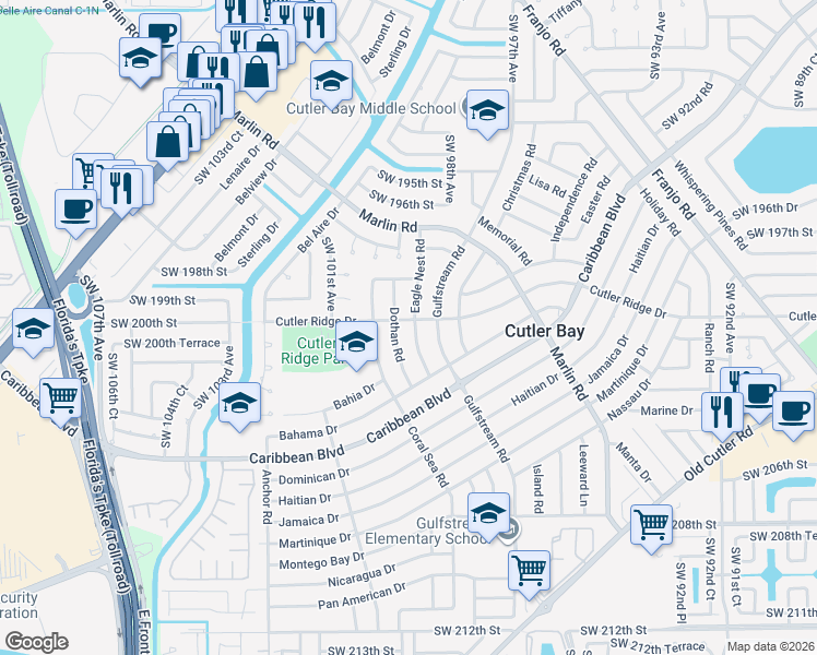 map of restaurants, bars, coffee shops, grocery stores, and more near 20000 Eagle Nest Road in Cutler Bay