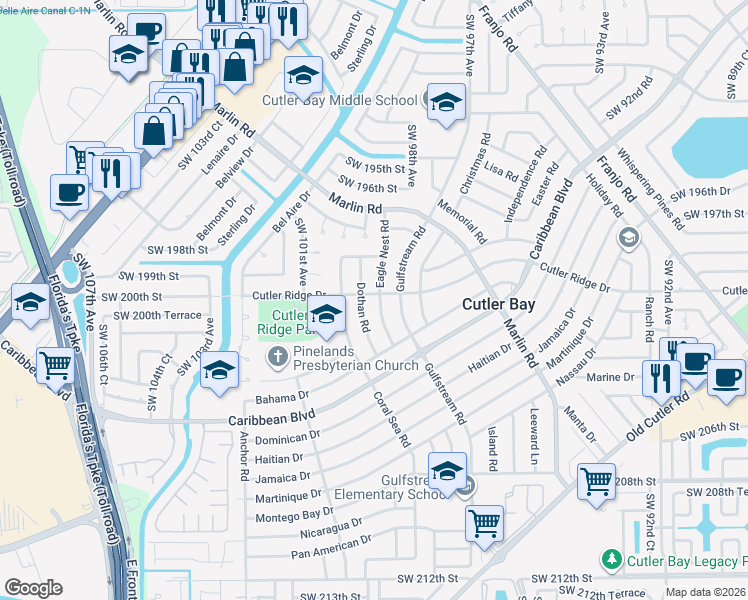 map of restaurants, bars, coffee shops, grocery stores, and more near 20000 Eagle Nest Road in Cutler Bay