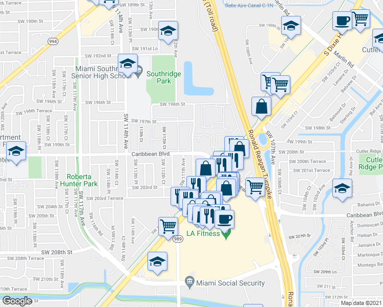 map of restaurants, bars, coffee shops, grocery stores, and more near in South Miami Heights