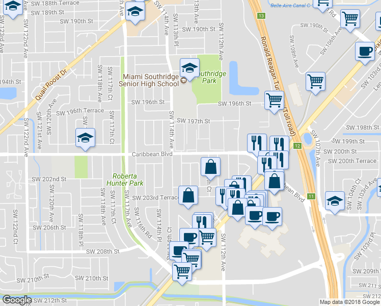 map of restaurants, bars, coffee shops, grocery stores, and more near 11280 Caribbean Boulevard in Miami