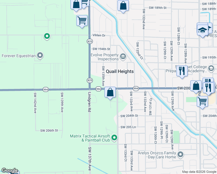 map of restaurants, bars, coffee shops, grocery stores, and more near 19990 Southwest 134th Court in Miami
