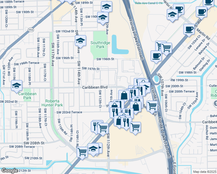 map of restaurants, bars, coffee shops, grocery stores, and more near 11105 Southwest 200th Street in Miami