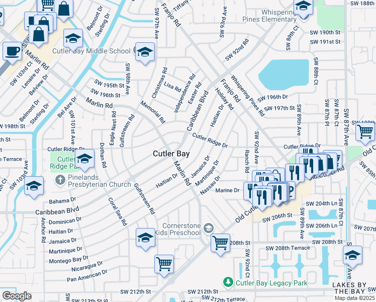 map of restaurants, bars, coffee shops, grocery stores, and more near 9560 Caribbean Boulevard in Cutler Bay