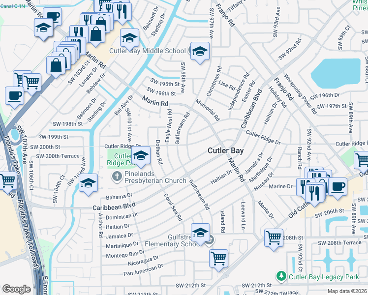 map of restaurants, bars, coffee shops, grocery stores, and more near 20000 Island Road in Cutler Bay