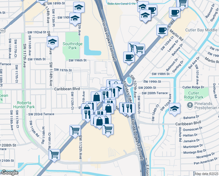 map of restaurants, bars, coffee shops, grocery stores, and more near in Cutler Bay