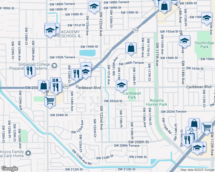 map of restaurants, bars, coffee shops, grocery stores, and more near 19922 Southwest 121st Avenue in Miami