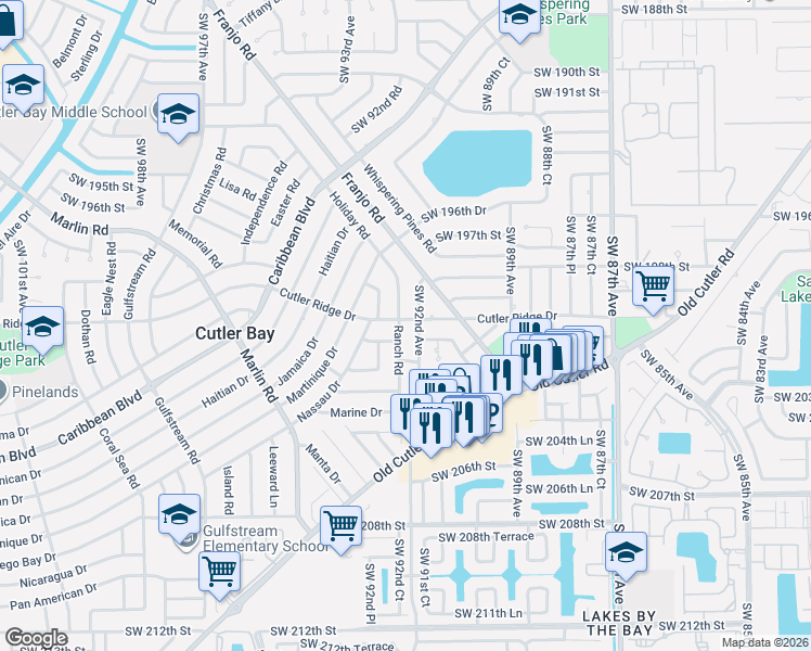map of restaurants, bars, coffee shops, grocery stores, and more near 20015 Ranch Road in Cutler Bay