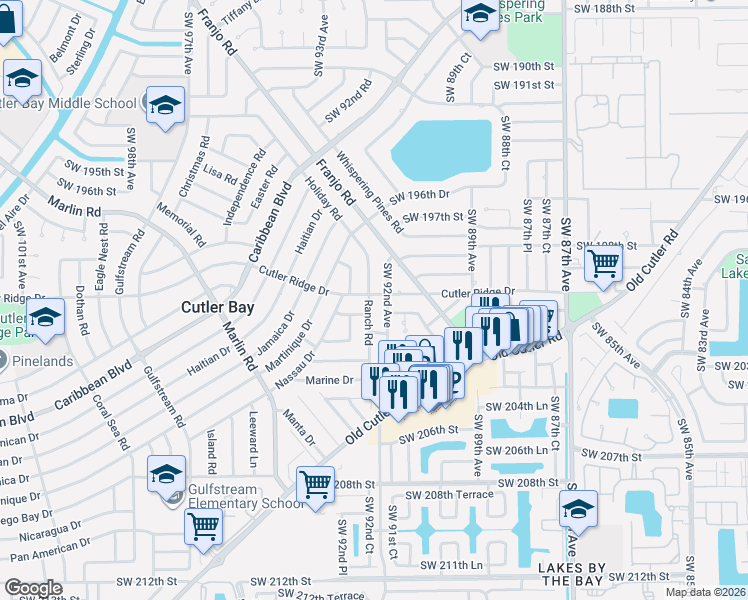 map of restaurants, bars, coffee shops, grocery stores, and more near 20015 Ranch Road in Cutler Bay