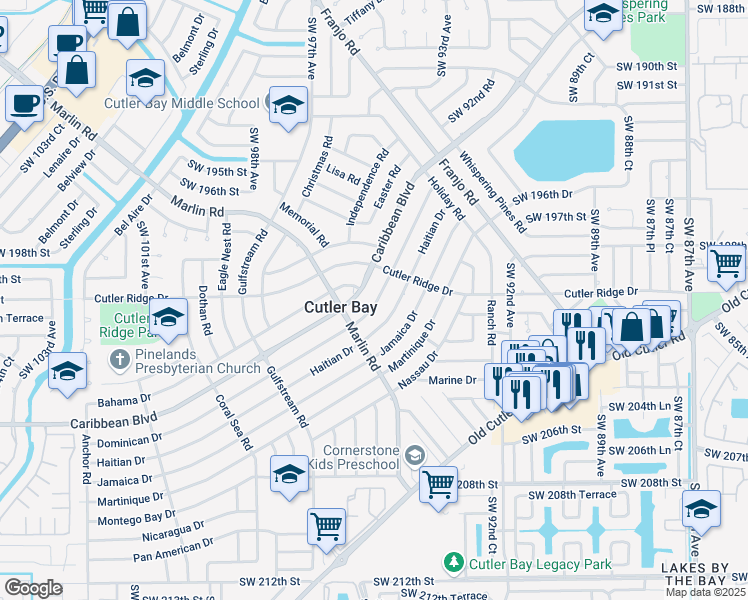 map of restaurants, bars, coffee shops, grocery stores, and more near 9560 Caribbean Boulevard in Cutler Bay