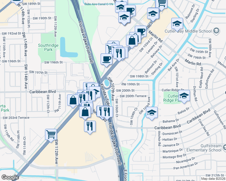 map of restaurants, bars, coffee shops, grocery stores, and more near 10810 Southwest 200th Street in Cutler Bay