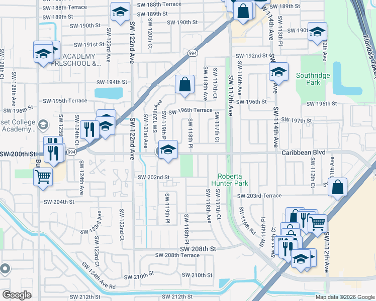 map of restaurants, bars, coffee shops, grocery stores, and more near 11841 Southwest 200th Street in Miami
