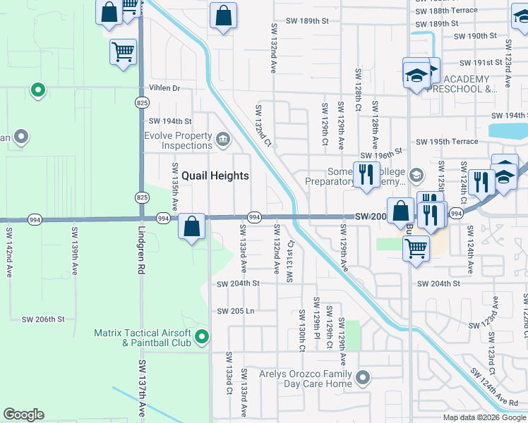 map of restaurants, bars, coffee shops, grocery stores, and more near 19990 Southwest 132nd Court in Miami