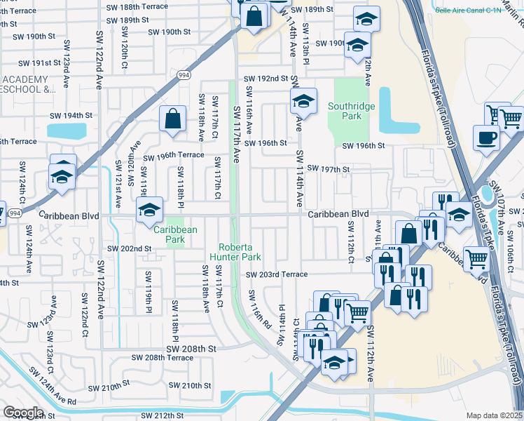 map of restaurants, bars, coffee shops, grocery stores, and more near 11521 Southwest 200th Street in Miami