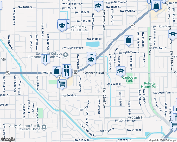 map of restaurants, bars, coffee shops, grocery stores, and more near 12376 Quail Roost Drive in Miami