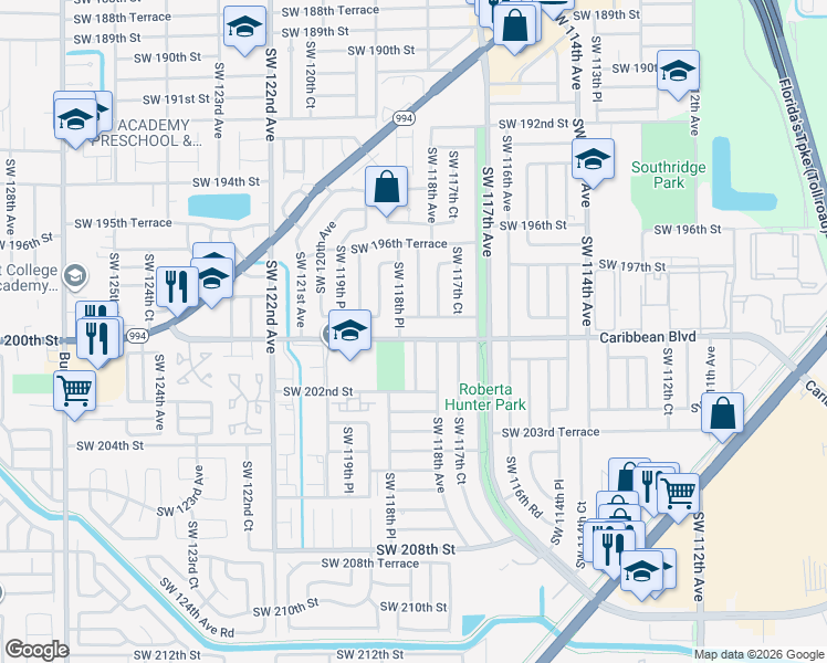 map of restaurants, bars, coffee shops, grocery stores, and more near 11841 Southwest 200th Street in Miami