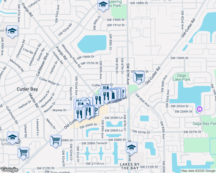 map of restaurants, bars, coffee shops, grocery stores, and more near 8880 Southwest 200th Street in Cutler Bay
