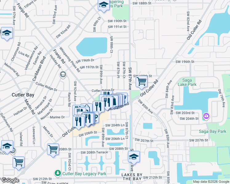 map of restaurants, bars, coffee shops, grocery stores, and more near 8781 Southwest 200th Terrace in Cutler Bay