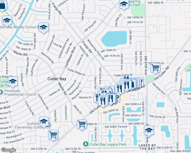 map of restaurants, bars, coffee shops, grocery stores, and more near 20015 Ranch Road in Cutler Bay