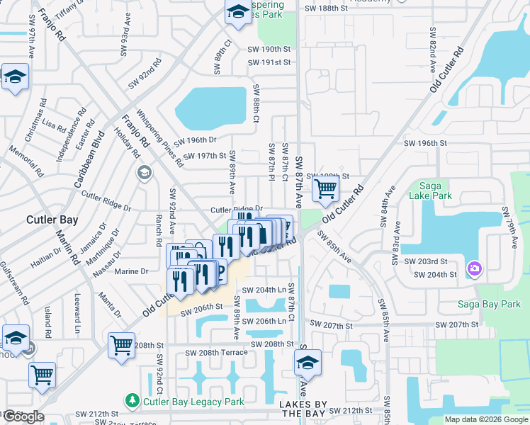 map of restaurants, bars, coffee shops, grocery stores, and more near 8781 Southwest 200th Terrace in Cutler Bay