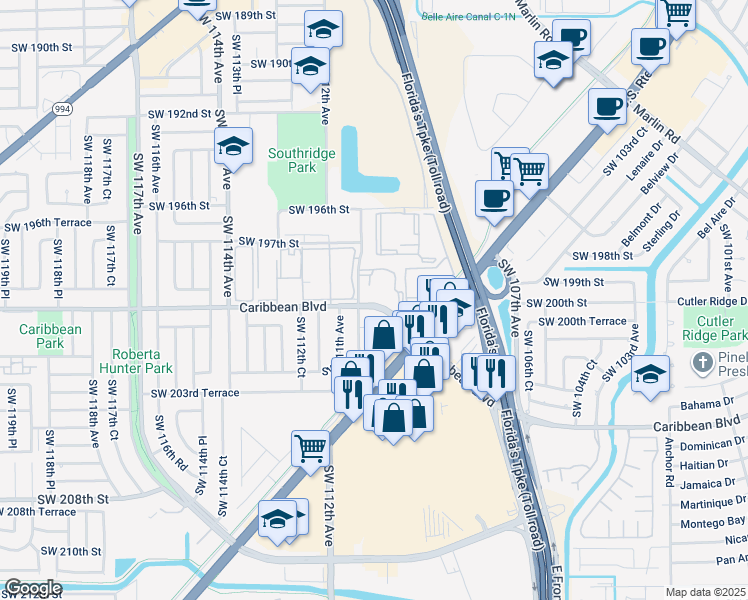map of restaurants, bars, coffee shops, grocery stores, and more near 11000 Southwest 200th Street in Cutler Bay