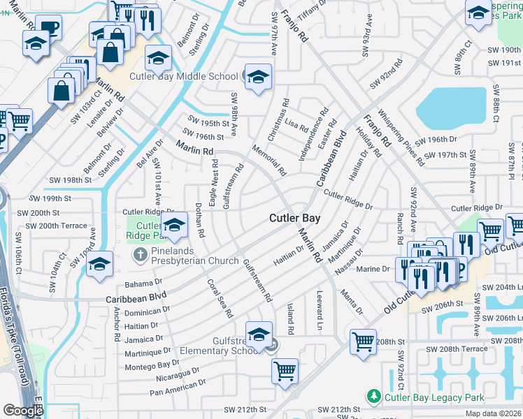 map of restaurants, bars, coffee shops, grocery stores, and more near 9741 Bahama Drive in Cutler Bay