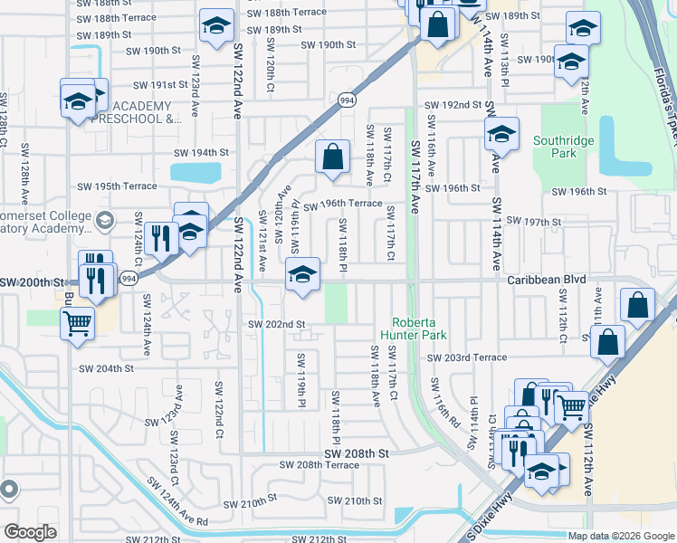 map of restaurants, bars, coffee shops, grocery stores, and more near 11841 Southwest 200th Street in Miami