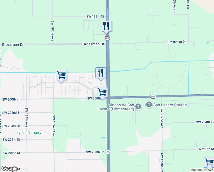 map of restaurants, bars, coffee shops, grocery stores, and more near 19800 Southwest 177th Avenue in Miami