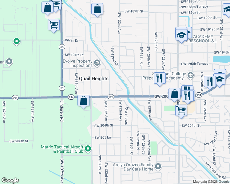 map of restaurants, bars, coffee shops, grocery stores, and more near 19990 Southwest 132nd Court in Miami