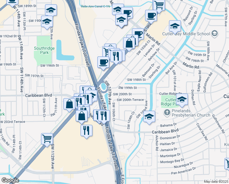 map of restaurants, bars, coffee shops, grocery stores, and more near 10630 Southwest 200th Street in Cutler Bay