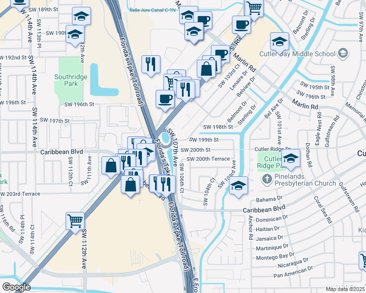 map of restaurants, bars, coffee shops, grocery stores, and more near 10630 Southwest 200th Street in Cutler Bay