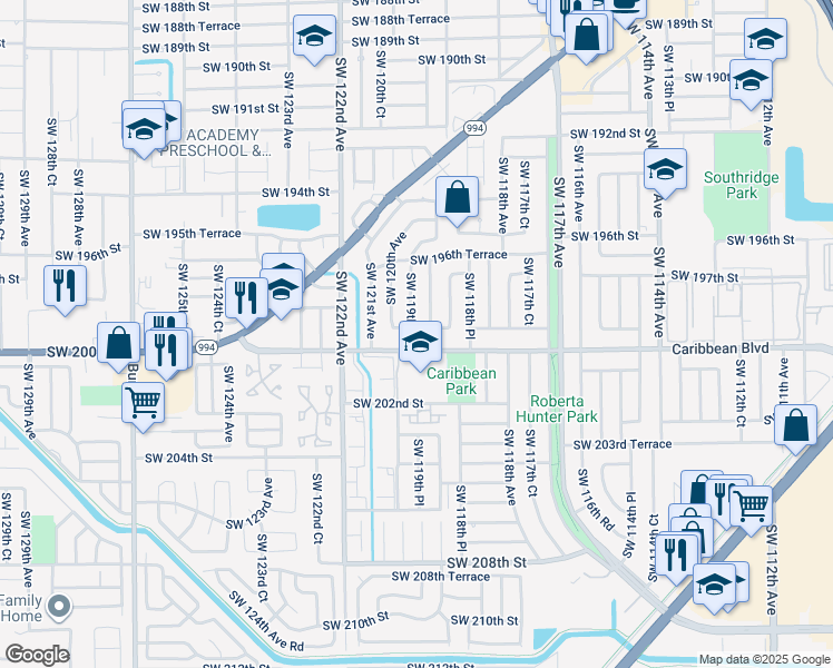 map of restaurants, bars, coffee shops, grocery stores, and more near 11971 Southwest 200th Street in Miami