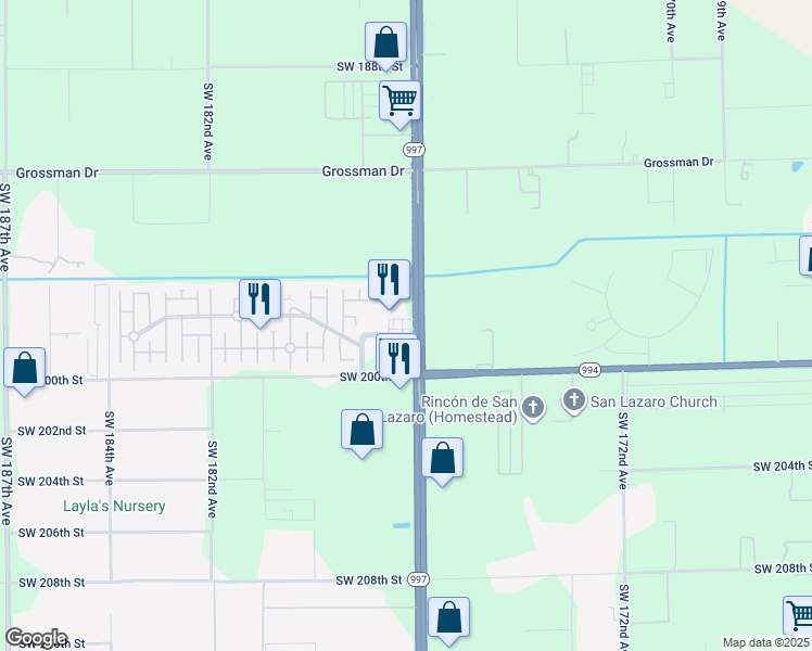 map of restaurants, bars, coffee shops, grocery stores, and more near 19800 Southwest 177th Avenue in Miami