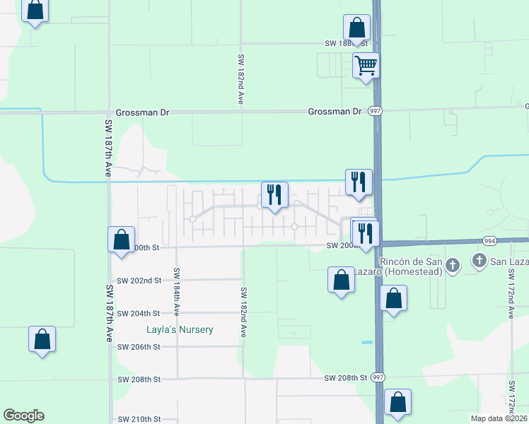 map of restaurants, bars, coffee shops, grocery stores, and more near 19800 Southwest 180th Avenue in Miami
