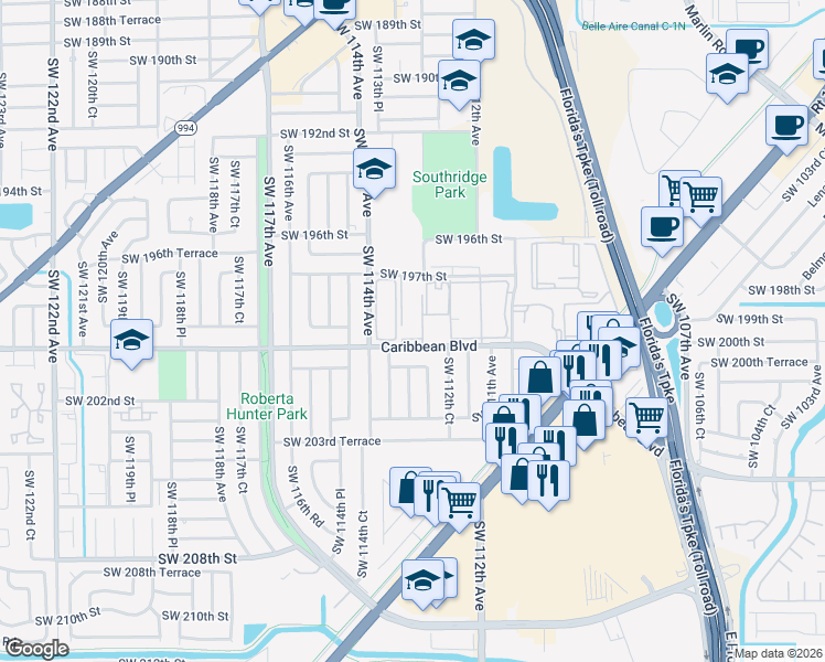 map of restaurants, bars, coffee shops, grocery stores, and more near 11280 Caribbean Boulevard in Miami