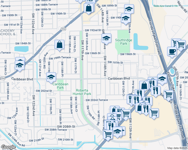 map of restaurants, bars, coffee shops, grocery stores, and more near 11521 Southwest 200th Street in Miami
