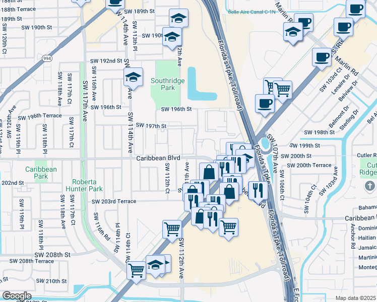 map of restaurants, bars, coffee shops, grocery stores, and more near 11051 Southwest 200th Street in Miami