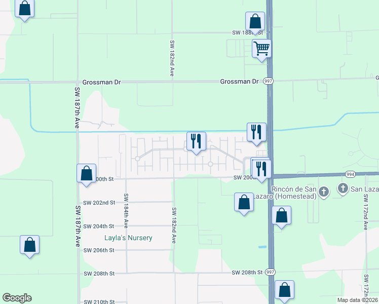 map of restaurants, bars, coffee shops, grocery stores, and more near 19800 Southwest 180th Avenue in Miami