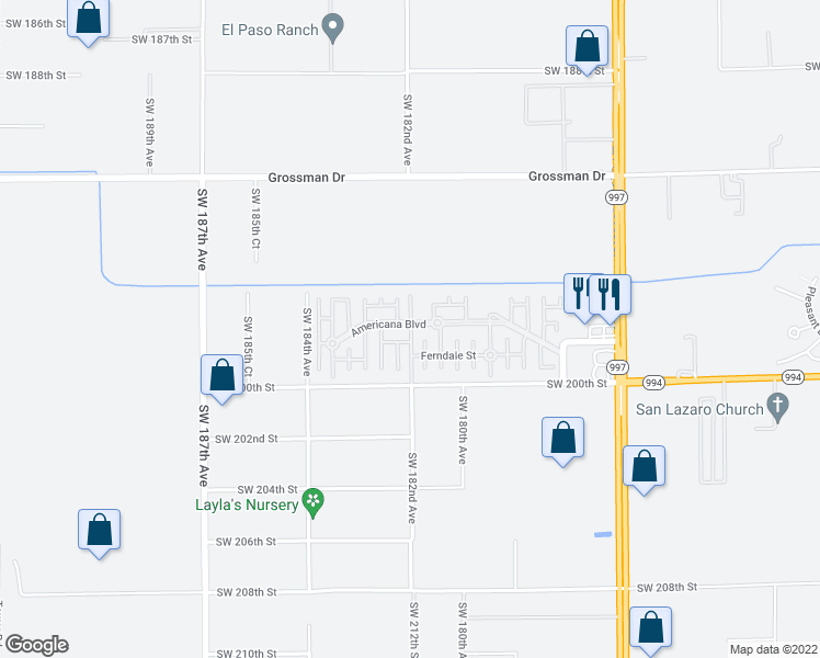map of restaurants, bars, coffee shops, grocery stores, and more near Hall Avenue in Miami