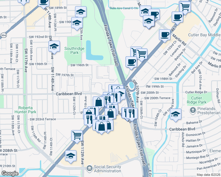 map of restaurants, bars, coffee shops, grocery stores, and more near 10820 Southwest 200th Drive in Cutler Bay