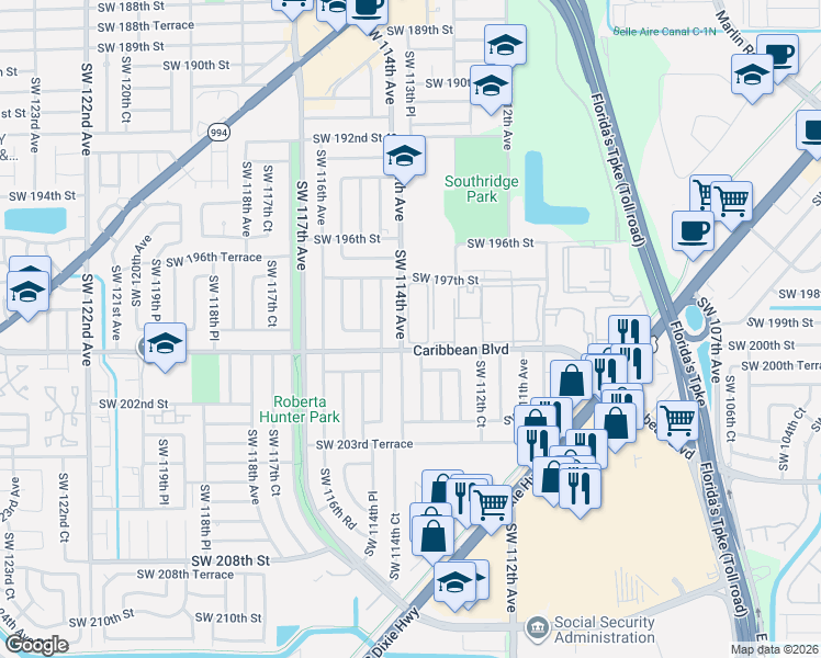 map of restaurants, bars, coffee shops, grocery stores, and more near 20000 Southwest 113th Place in Miami
