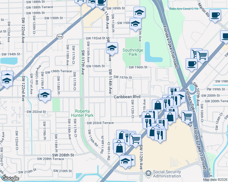 map of restaurants, bars, coffee shops, grocery stores, and more near 20000 Southwest 113th Place in Miami