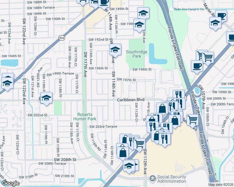 map of restaurants, bars, coffee shops, grocery stores, and more near 20000 Southwest 113th Place in Miami